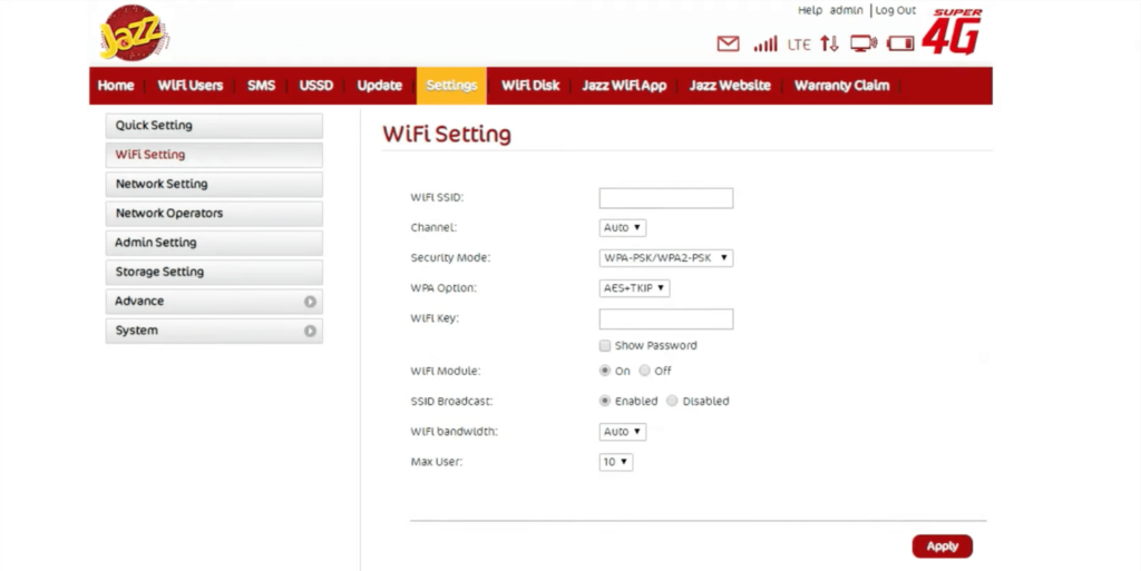 Jazz 4G Device Login 192.168.1.1