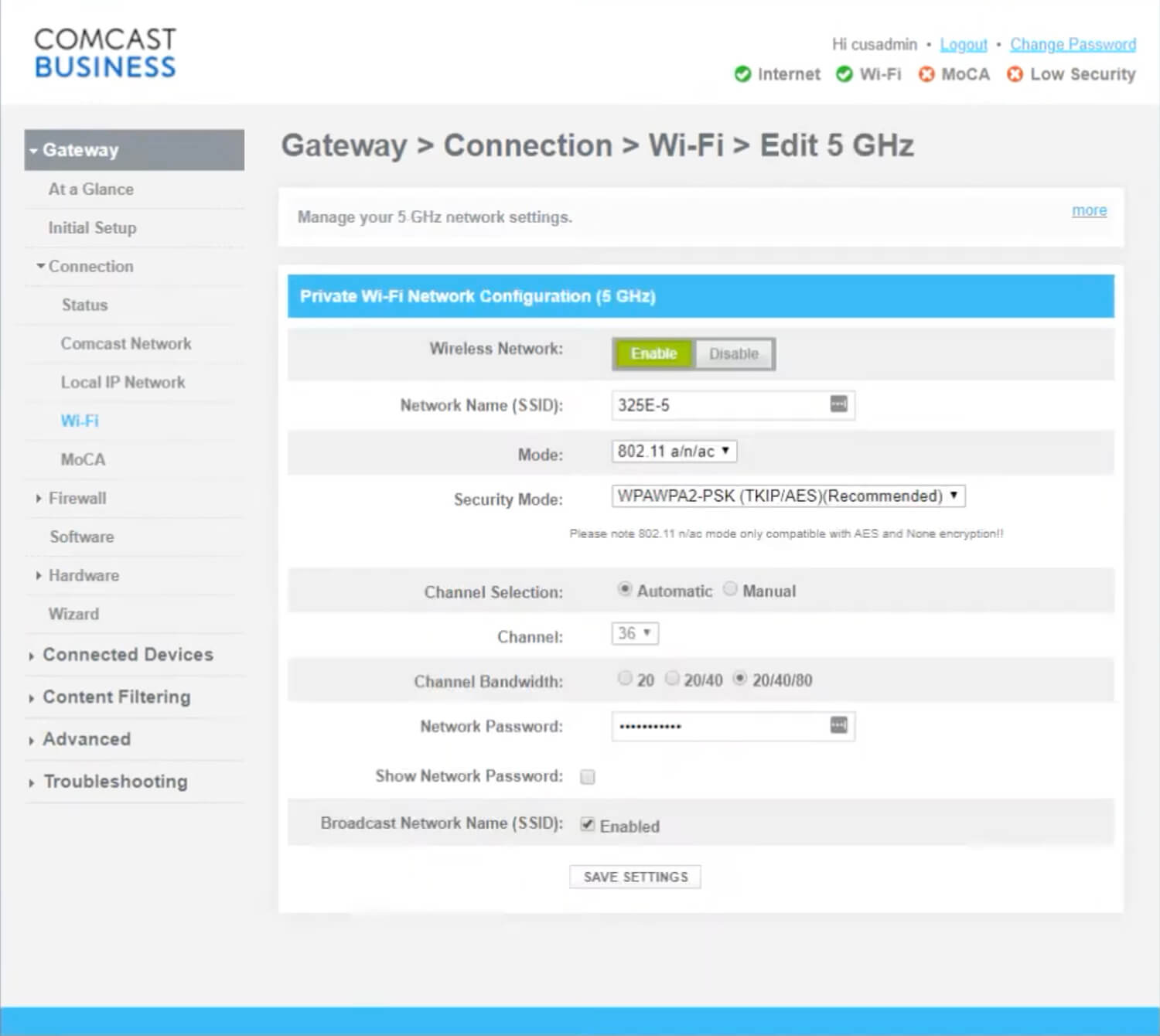 Change Comcast Business Router WiFi Password and Network Name 2